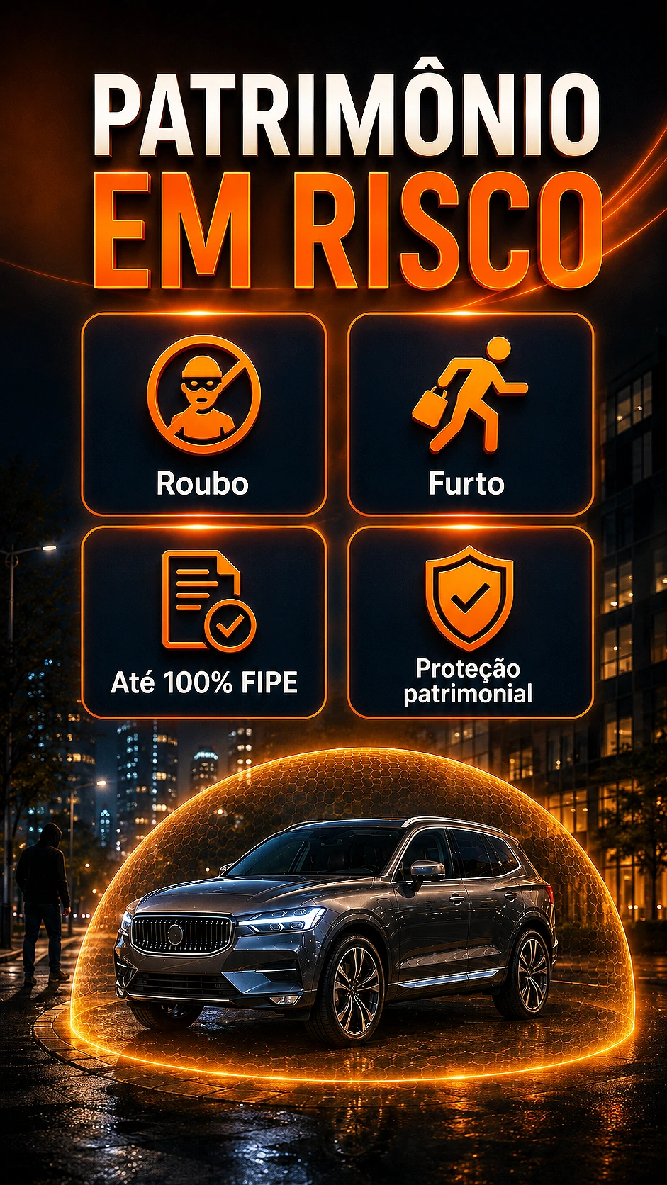 Veículo protegido em ambiente urbano noturno contra roubo e furto