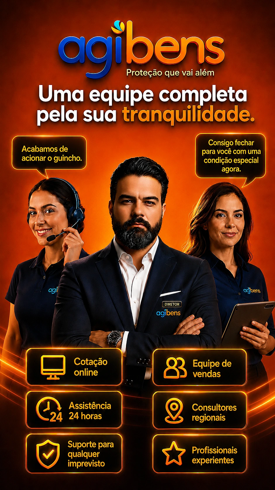 Casal torcedor brasileiro celebrando ao lado de carro, moto e utilitário protegidos pela Agibens